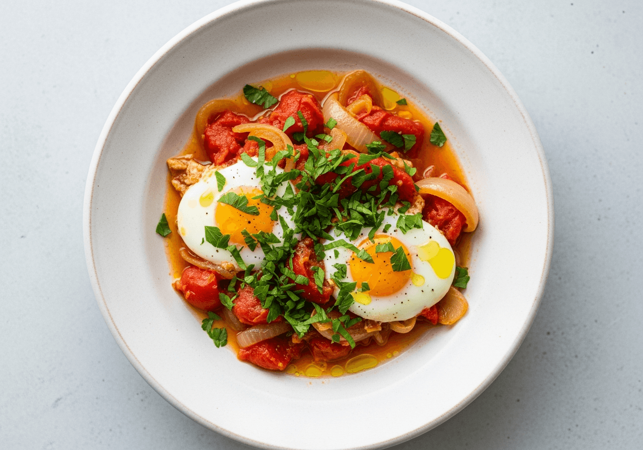 Kimë me Vezë (Savory Onion, Tomato, and Egg Stew)