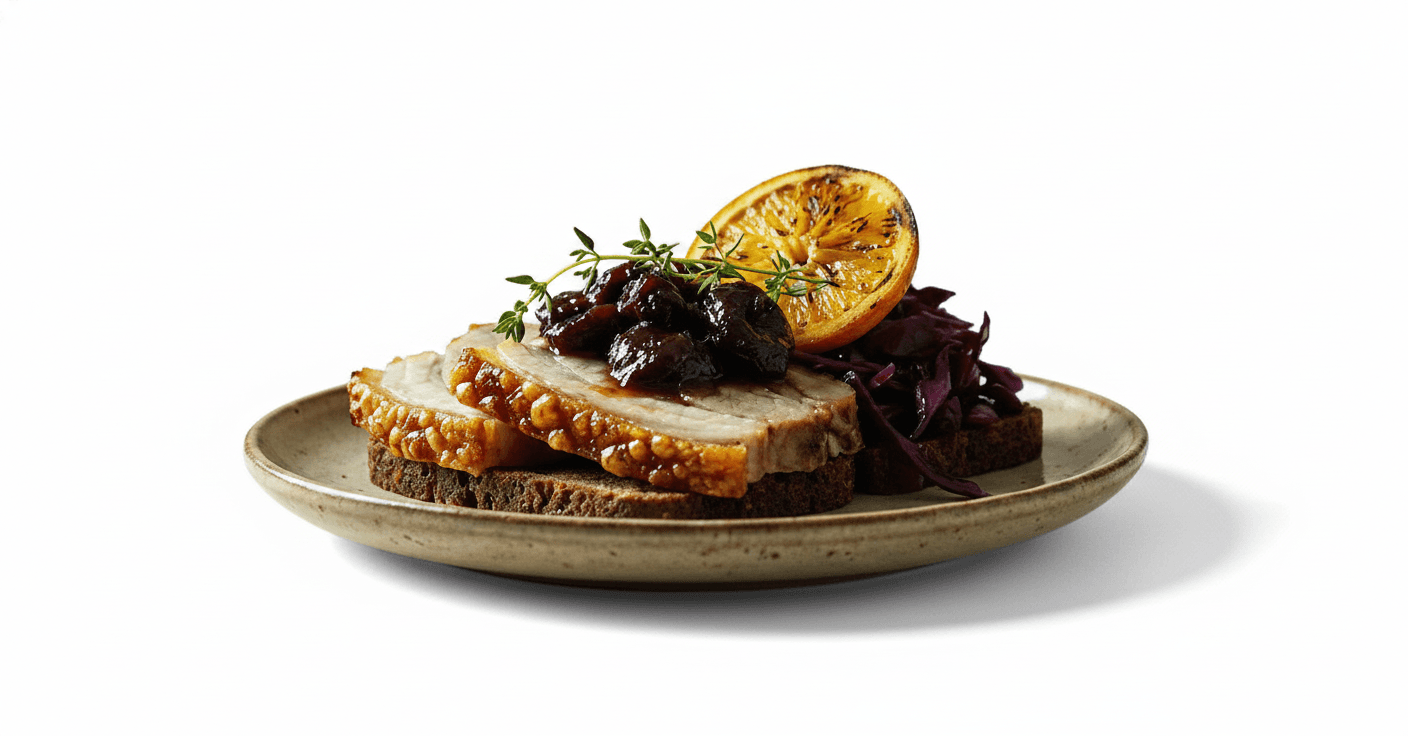 Smørrebrød med Flæskesteg og Rødkål