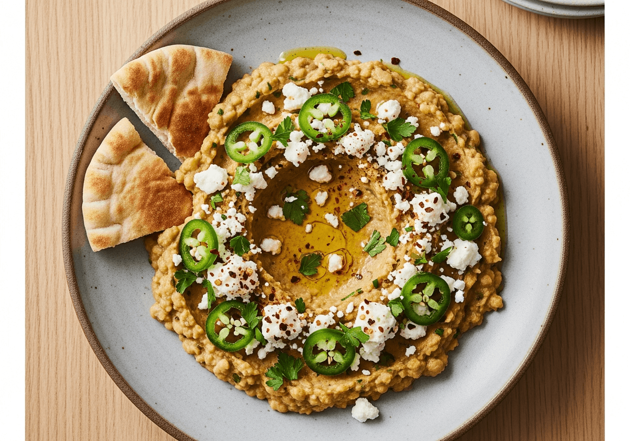Shahan Ful (Spiced Fava Bean Mash with Feta and Jalapeños)