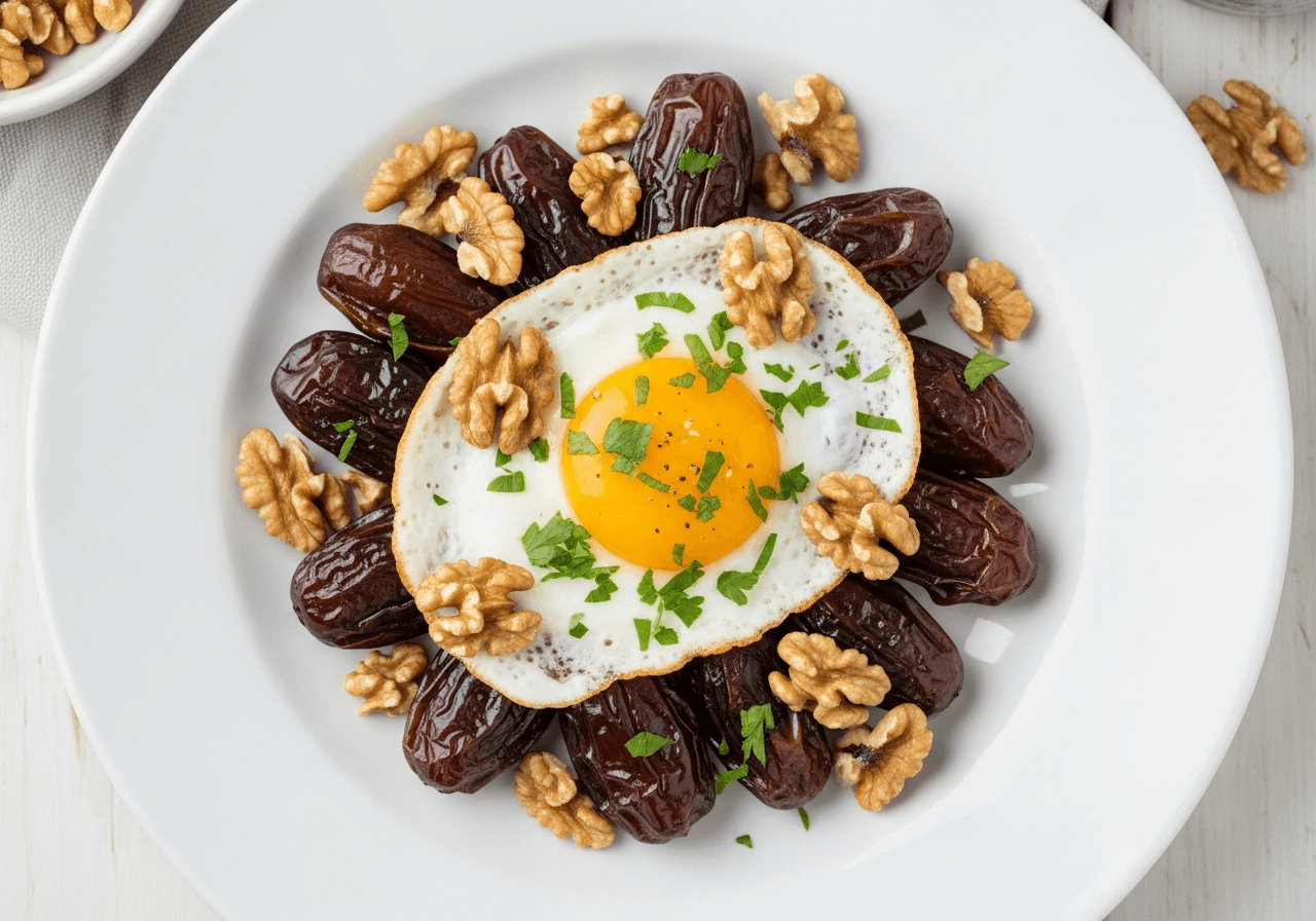 Caramelized Dates and Fried Eggs with Toasted Walnuts