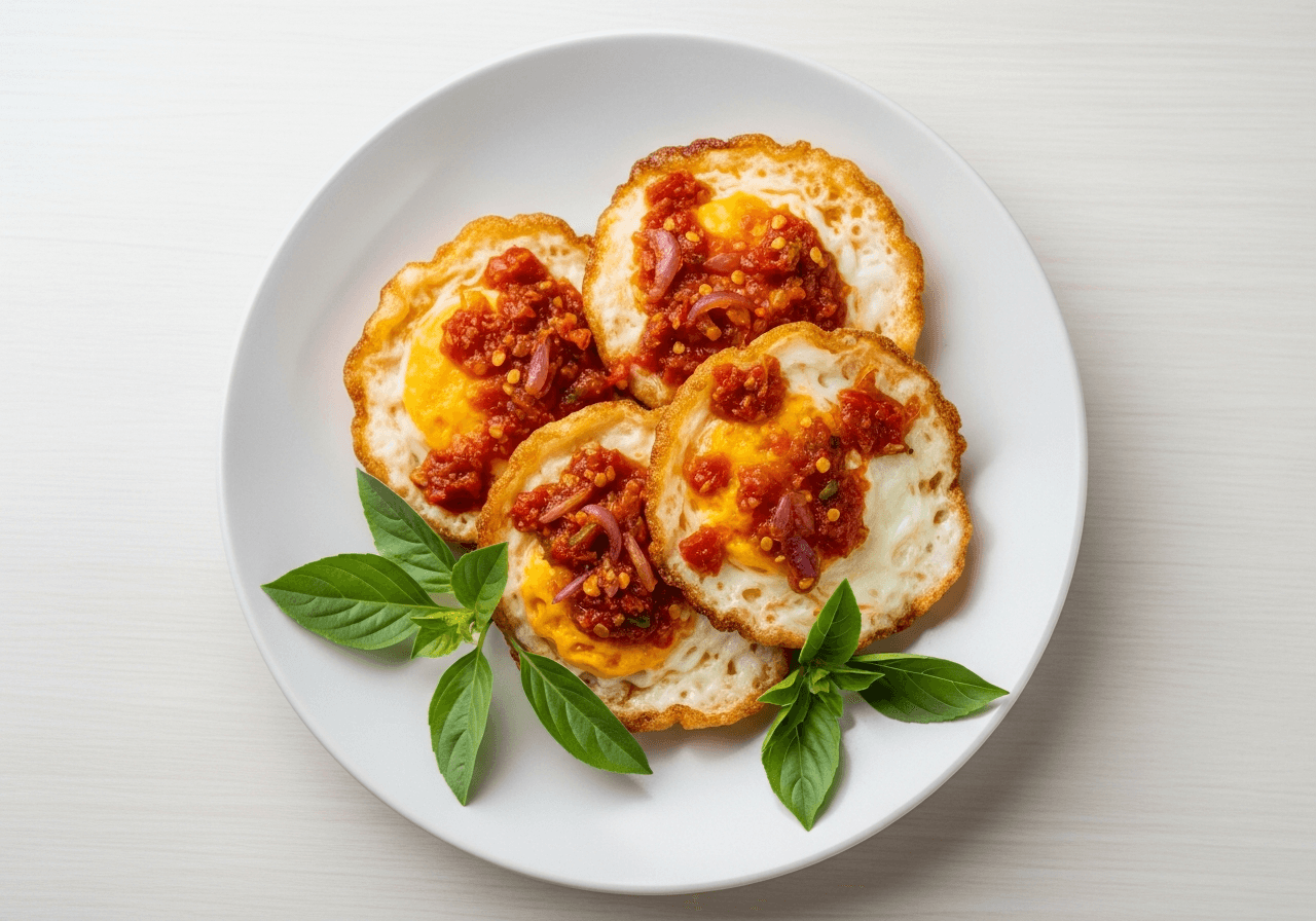 Wrinkled Fried Eggs in Fiery Red Paste