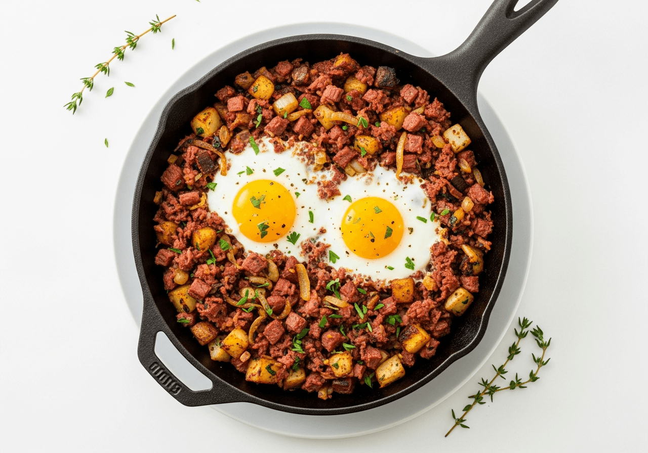Cast-Iron Corned Beef Hash with Runny Eggs