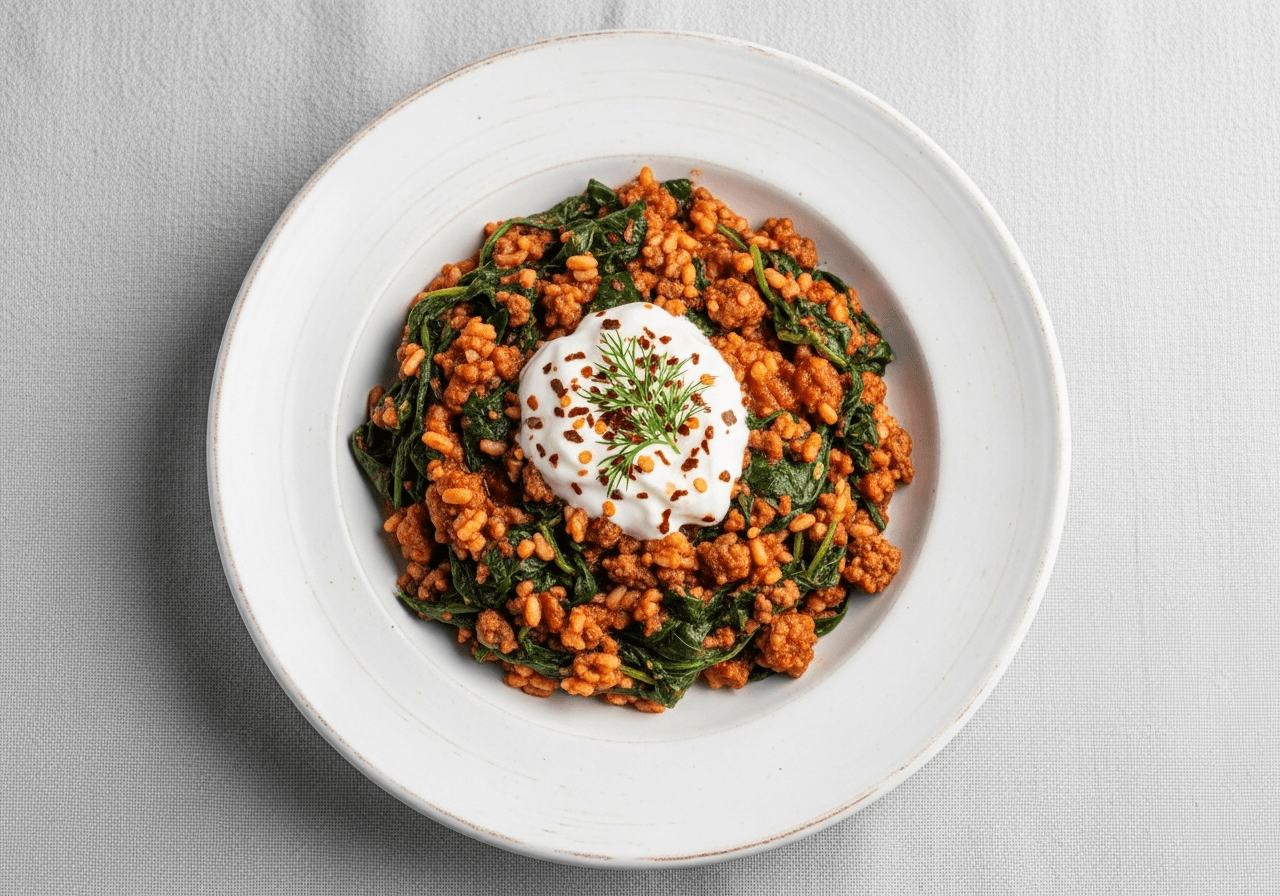 Spinach Stew with Ground Beef and Rice