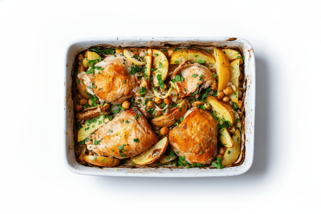 Greek Crispy Chicken Thighs & Lemon Potatoes