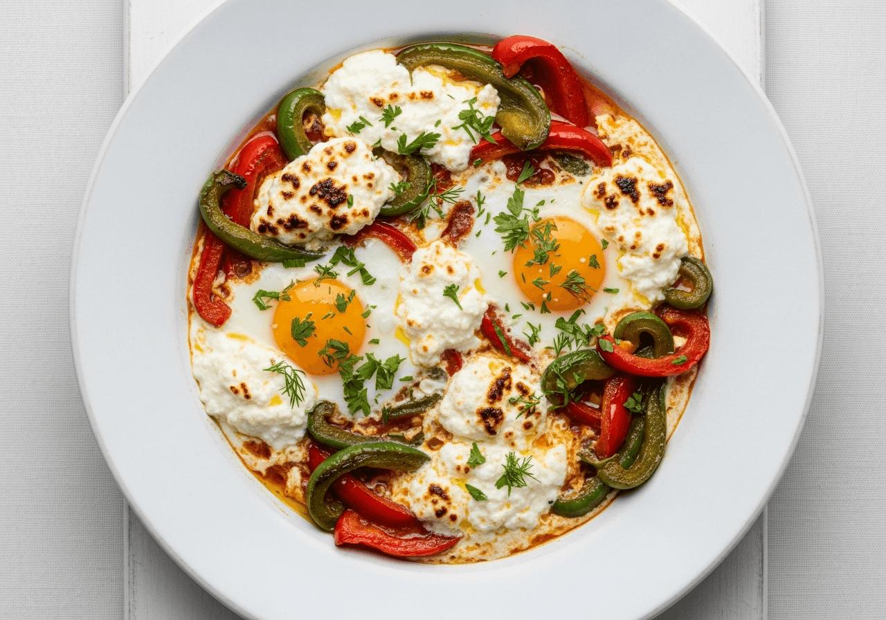Tirana-Style Skillet Eggs with Peppers and Gjizë