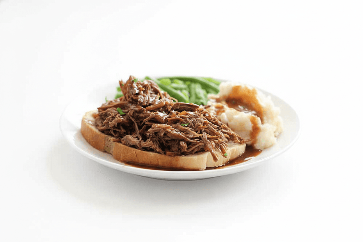 Pann's-Inspired Open-Faced Hot Roast Beef Sandwich with Skillet Jus
