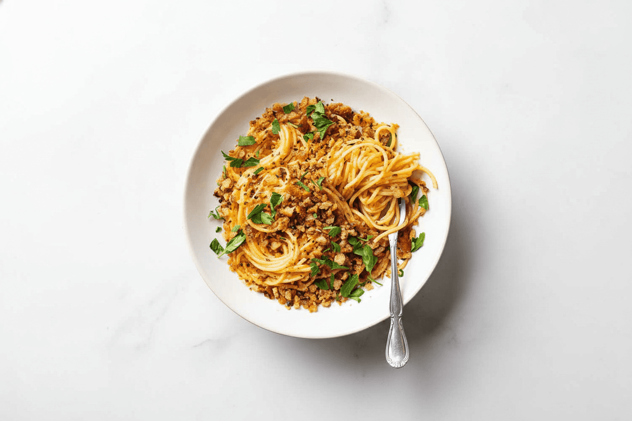 Pasta c'Anciova e Muddica Atturrata