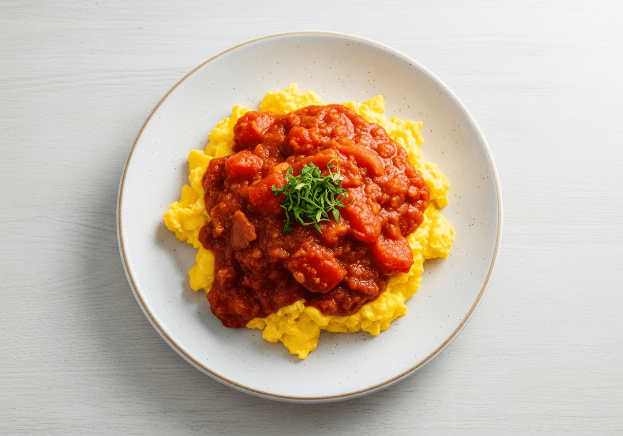 Appalachian Skillet Tomato Gravy over Scrambled Eggs