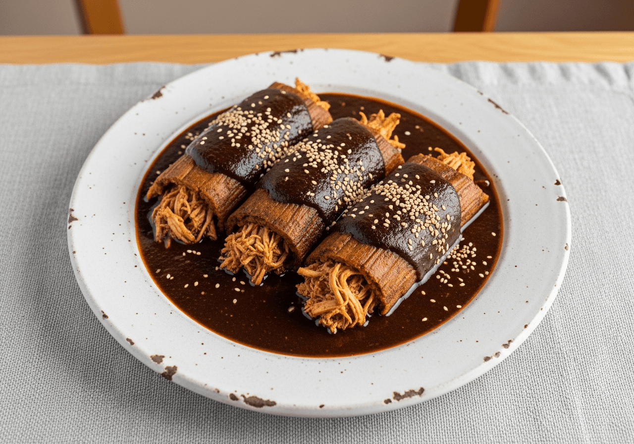 Tamales de Mole Negro con Pollo Deshebrado
