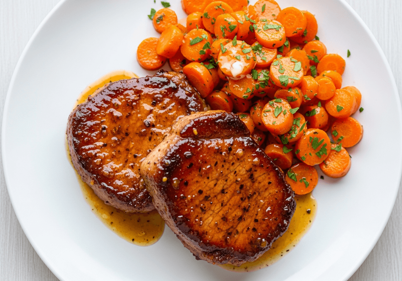 Irish Breakfast Tea Glazed Pork Chops with Buttery Carrots