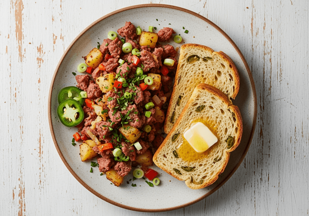 Quick-Crisp Corned Beef Hash with Jalapeño Beer Bread Toast