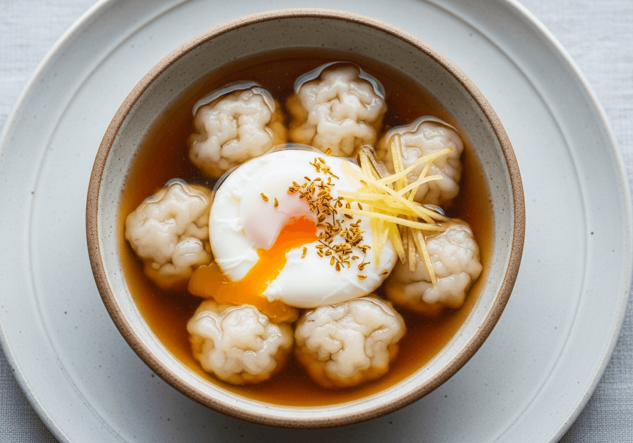 Laozao Fenzi Dan (Rustic Hand-Pinched Rice Dumplings with Poached Egg in Sweet Wine Broth)