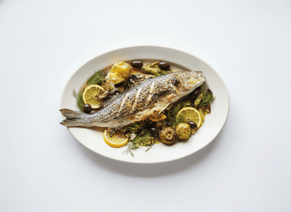 Coastal Greek Whole Roasted Branzino with Kalamata Olives & Lemon