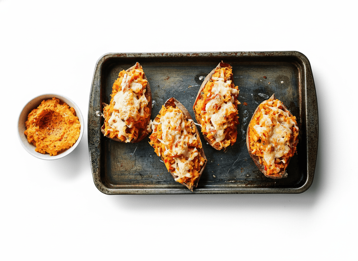 Midwestern Tailgate Loaded Sweet Potato Skins with Sriracha