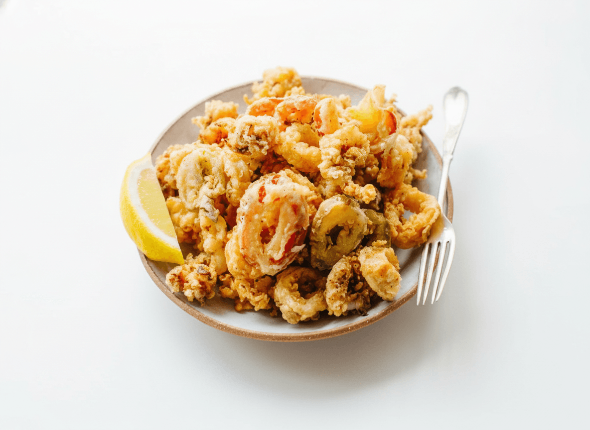 Dutch Oven Fried Calamari with Cherry Peppers & Lemon